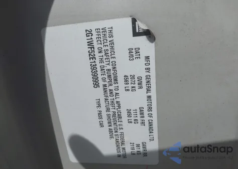 2003 Chevrolet Impala из США, поврежденный, VIN 2G1WF52E139390995